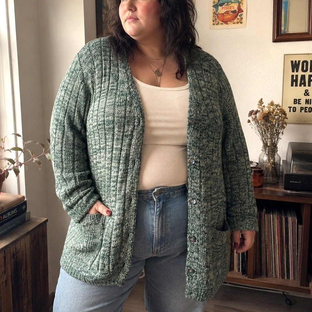 Vintage 90s Kobe Green Marled Knit Cardigan 2X Longline Soft Grunge Grandmacore